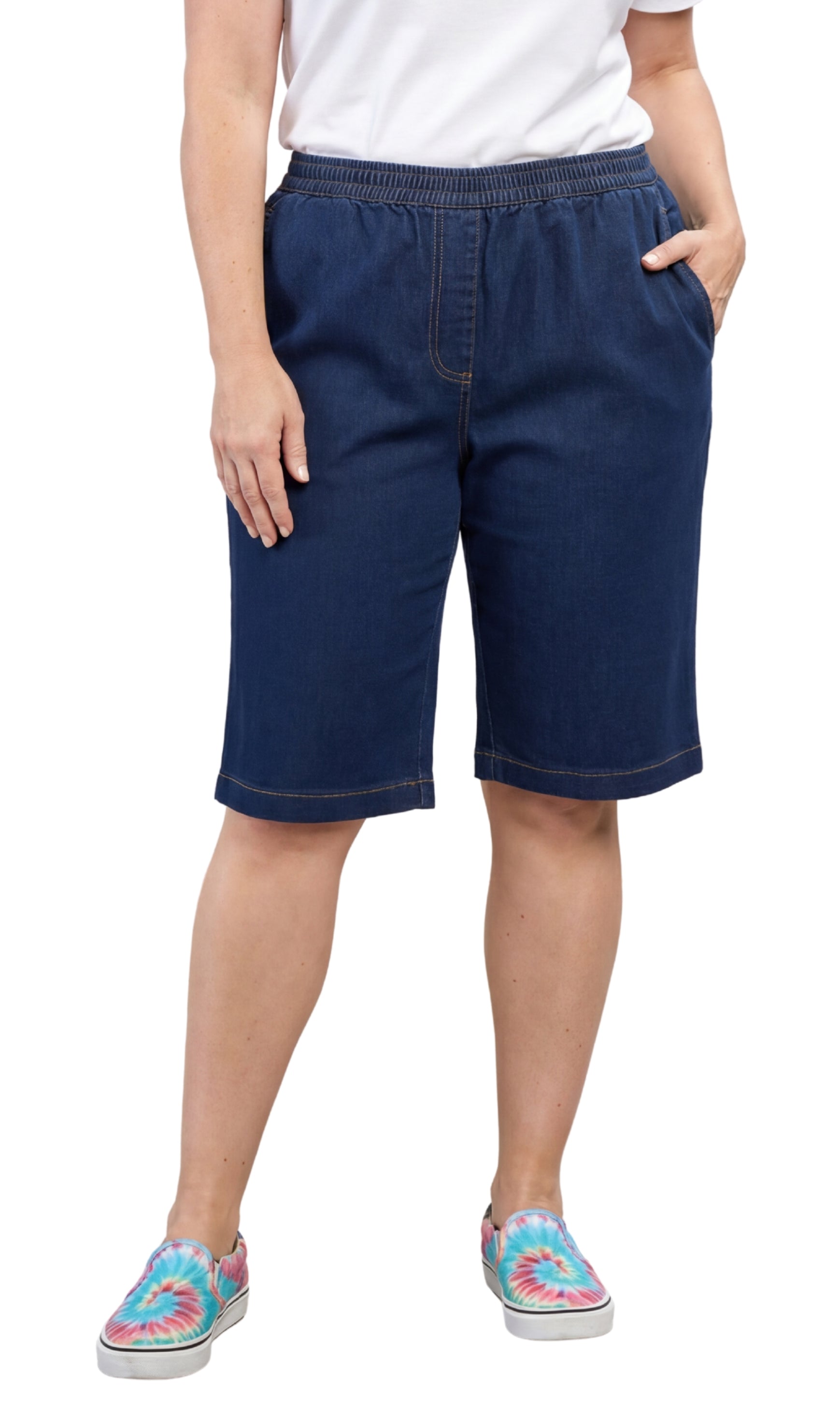 Ameri DIMENSIONAL SHORT PANTS ネイビーXS Women's Easy pull on Bermuda Shorts in Denim and Twill