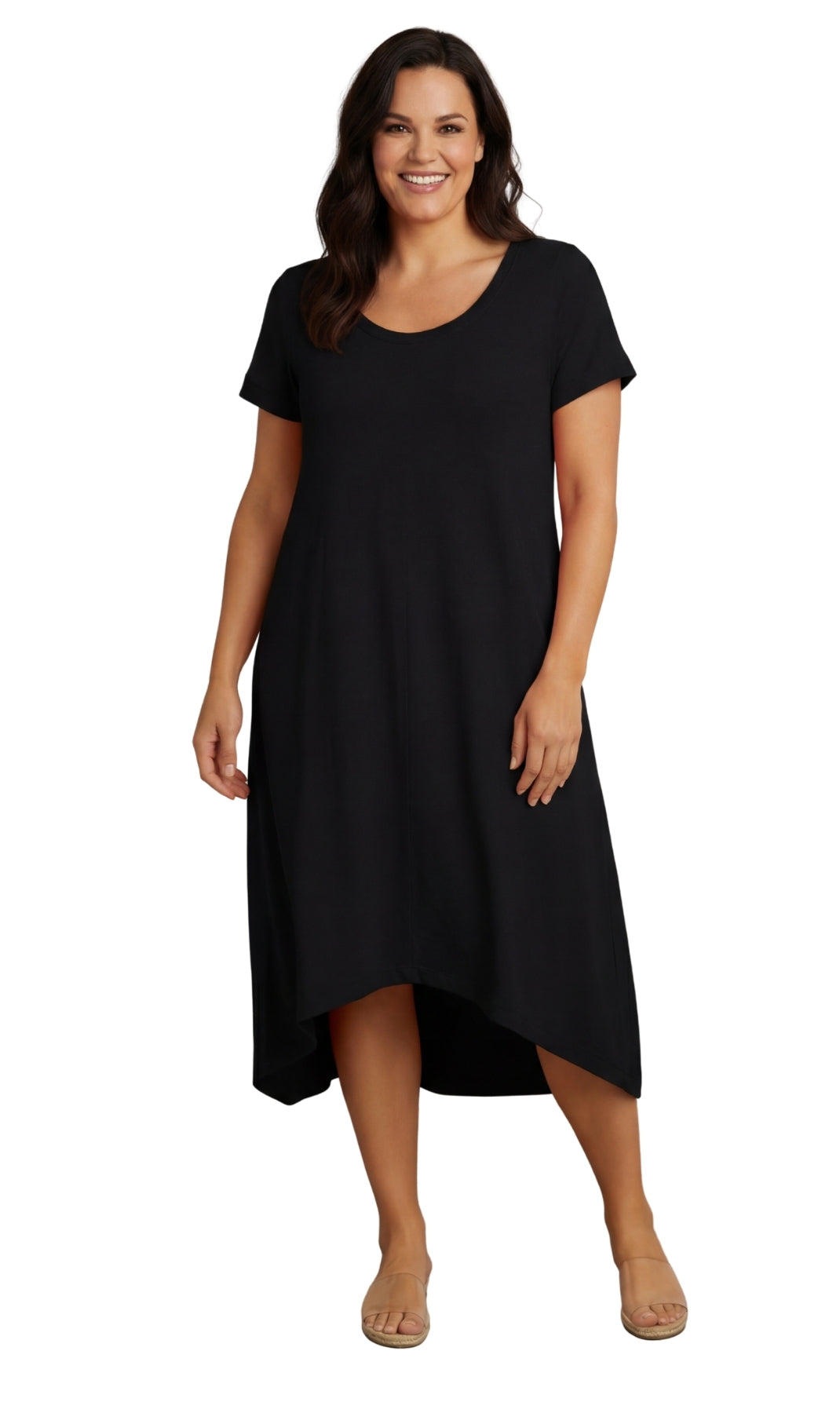 Turtle Bay New York Women's Vivid Blue Colored Knit Wide Scoop Neck Short Sleeve Dress in A-Line Aymmetrical Hem