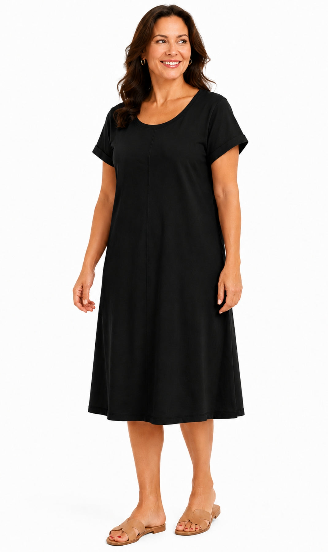 Women's Knit Wide Scoop Neck Short Sleeve Dress in A-line Asymmetrical Hem