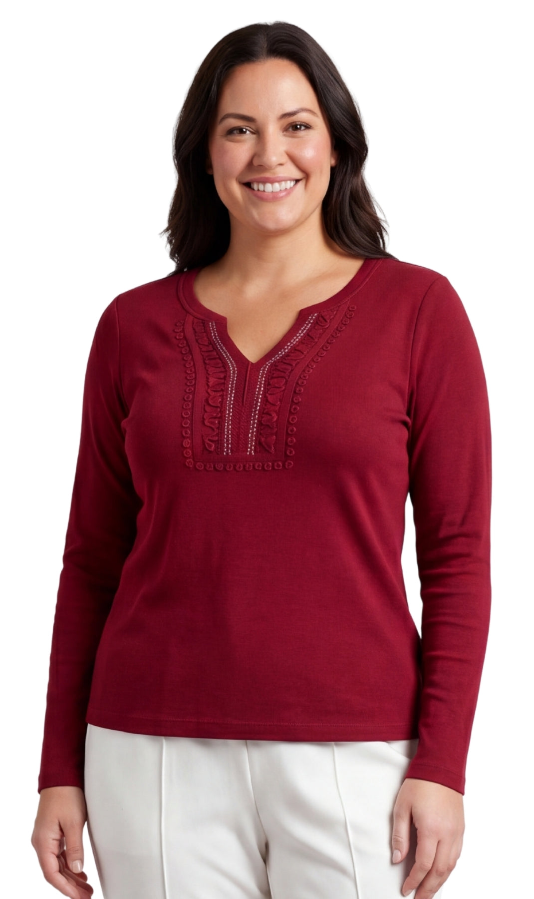 Women's Open Crochet And Jewel Trim V-Neck Knit Top in Cotton Rib Knit