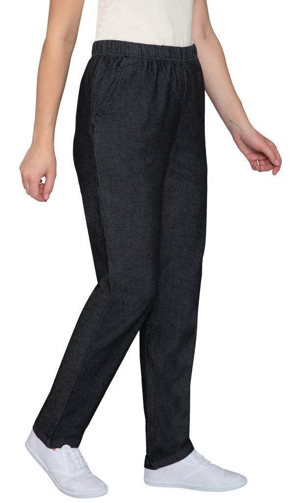 Women Elastic Waist Pull On Denim Jeans Black_Side