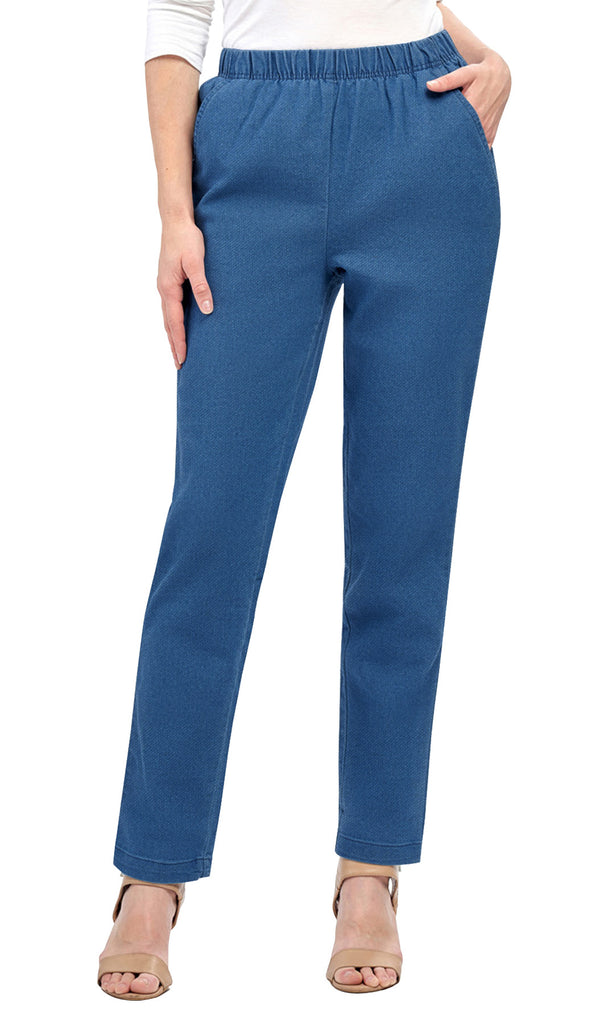 Women's Pull On Denim Jeans - Soft and Lightweight with a Bit of Stretch - Med Blue - Front -  TURTLE BAY APPAREL