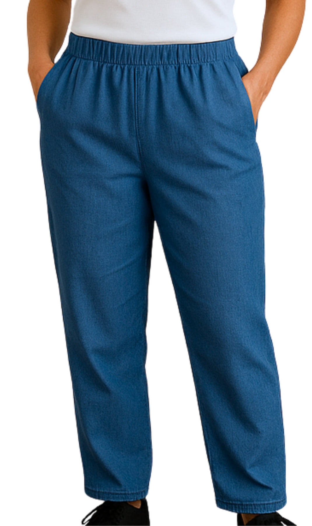 Women Elastic Waist Pull On Denim Jeans Med Blue_Front