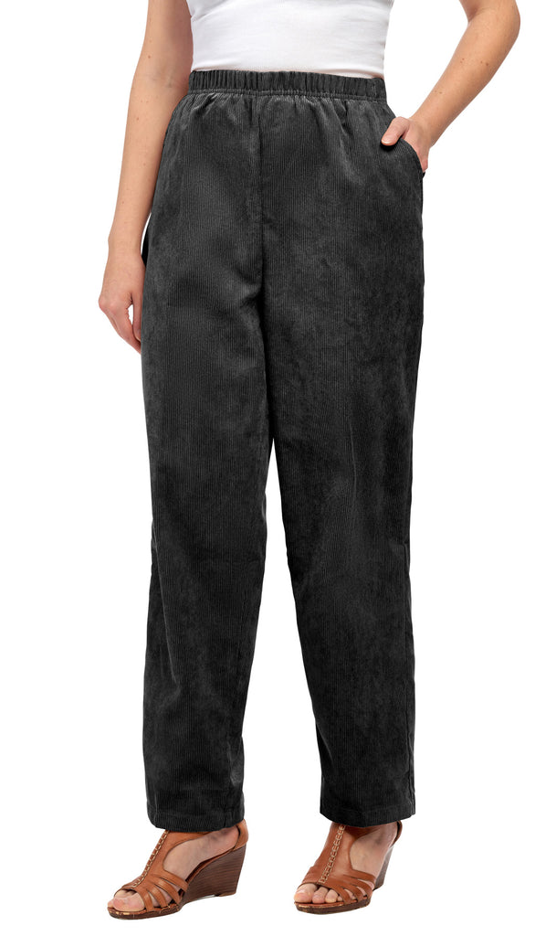 Women's Pull On Corduroy Pants – Keep It Cozy in Fine Wale Corduroy Black  - Front - TURTLE BAY APPAREL