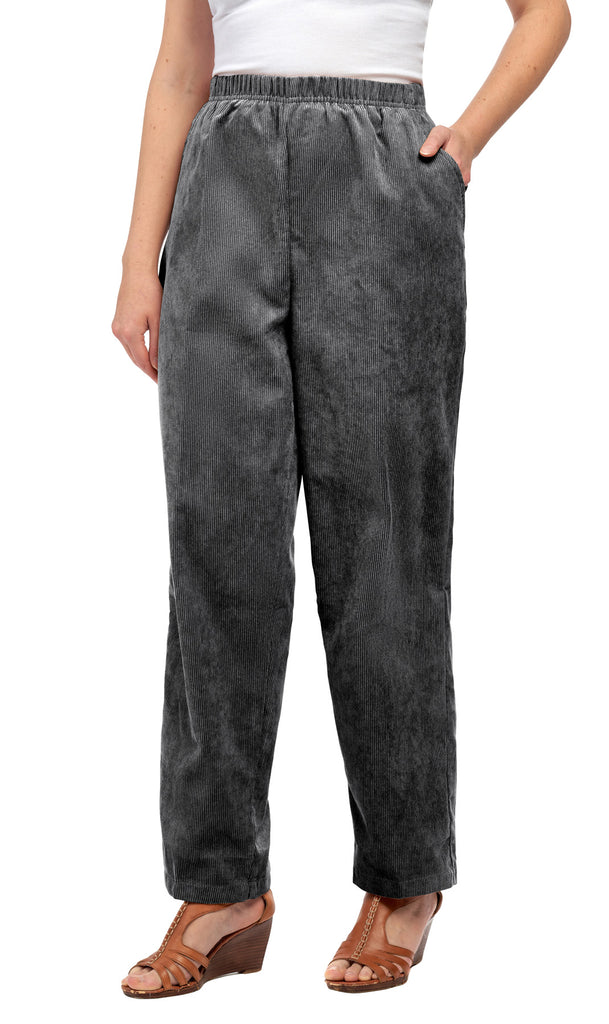 Women's Pull On Corduroy Pants – Keep It Cozy in Fine Wale Corduroy - CHARCOAL- Front - TURTLE BAY APPAREL