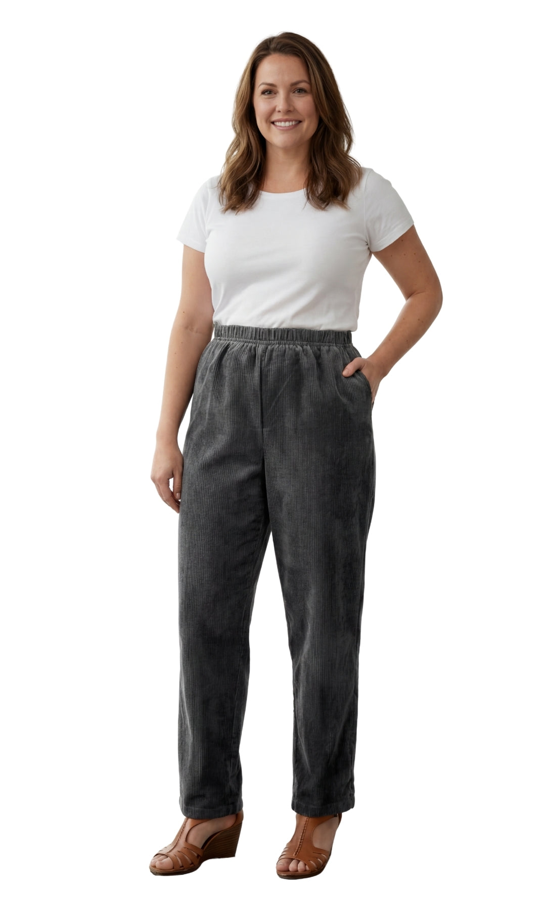 Turtle Bay New York Womens Pull On Fine Wale Corduroy Pants with soft-covered elastic waist charcoal full