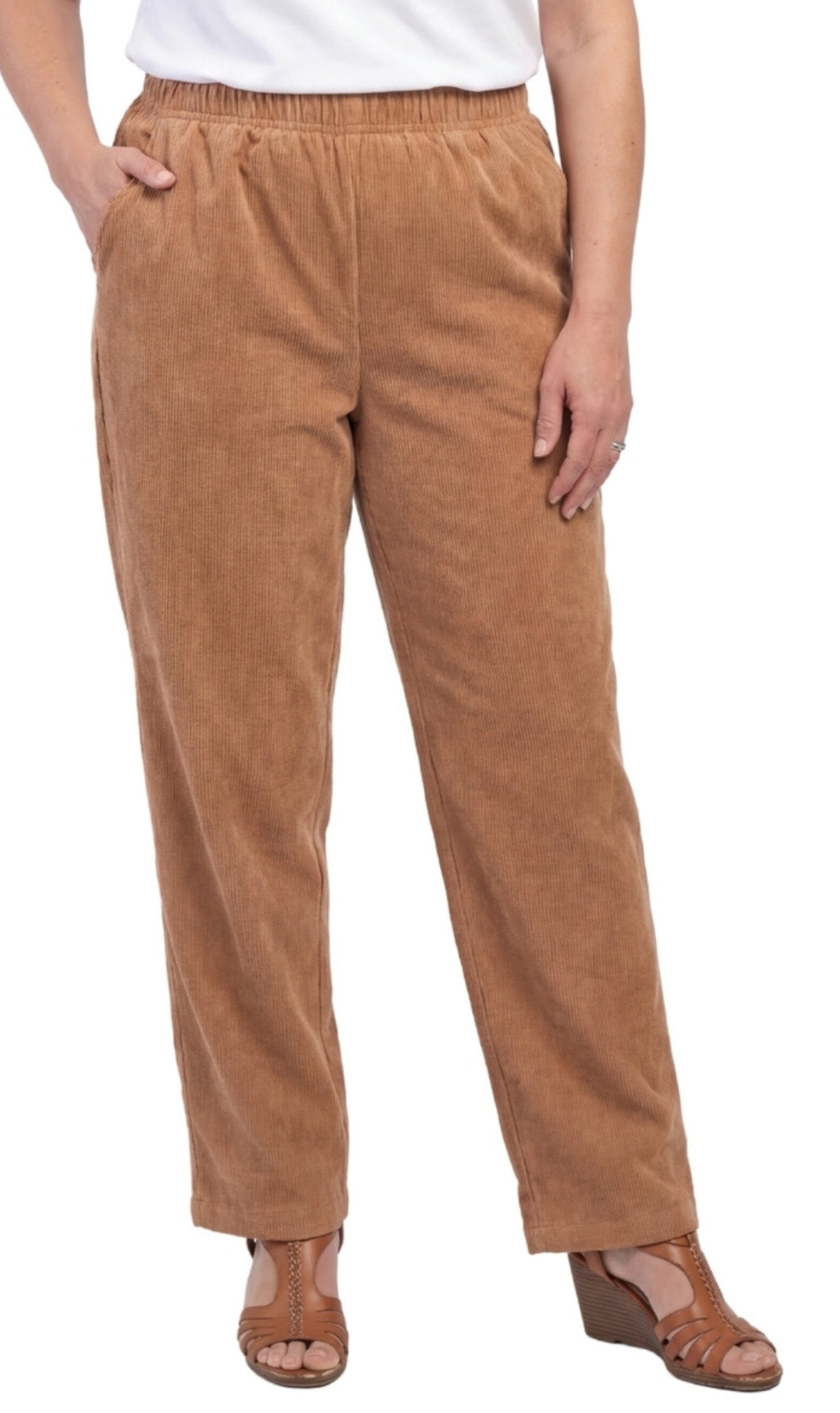 Turtle Bay New York Womens Pull On Fine Wale Corduroy Pants with soft-covered elastic waist camel front