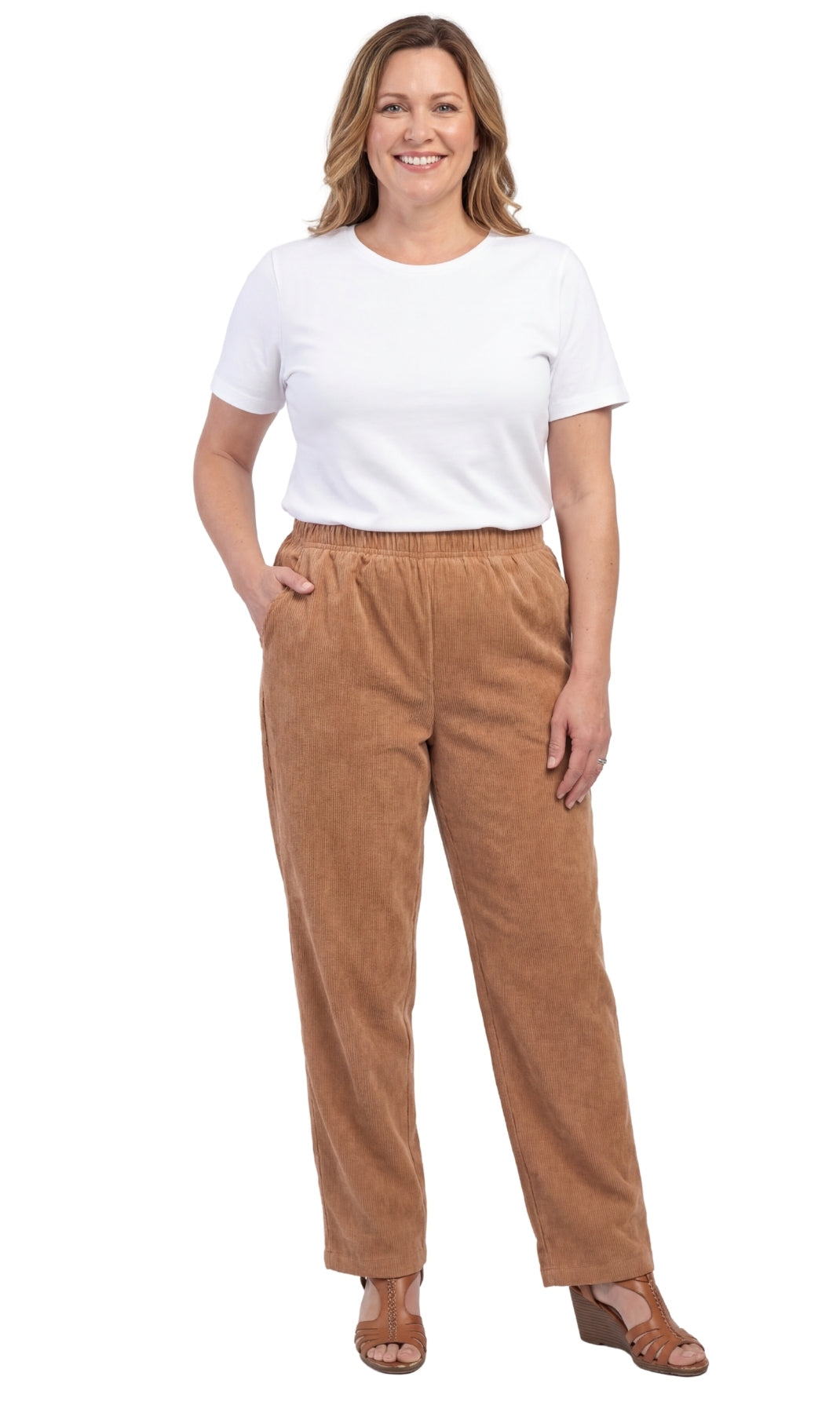 Turtle Bay New York Womens Pull On Fine Wale Corduroy Pants with soft-covered elastic waist camel full