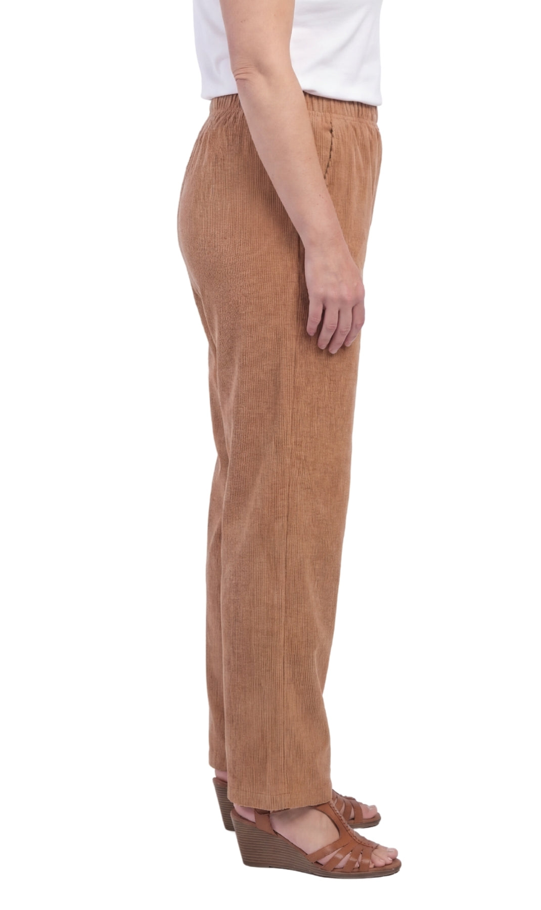 Turtle Bay New York Womens Pull On Fine Wale Corduroy Pants with soft-covered elastic waist camel side