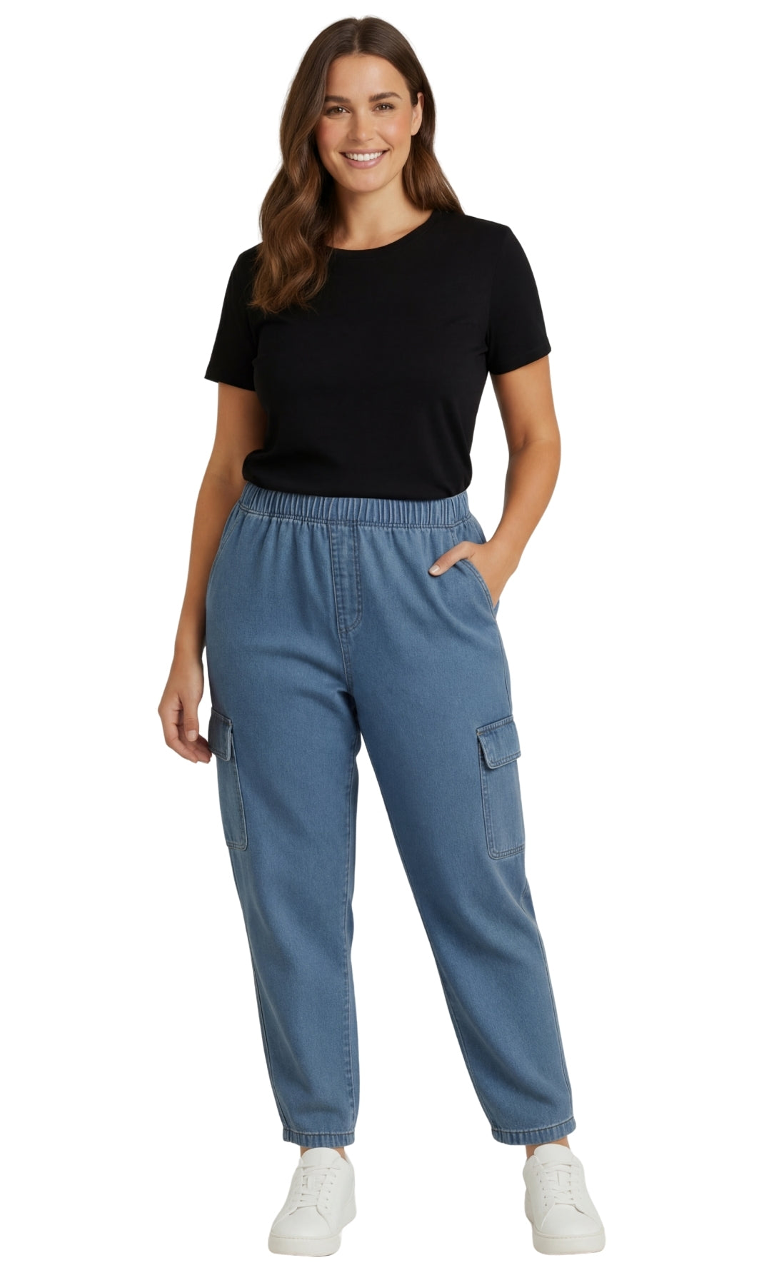 Women's Elastic Stretch Waist Casual Denim Pull-on Cargo Pants 10