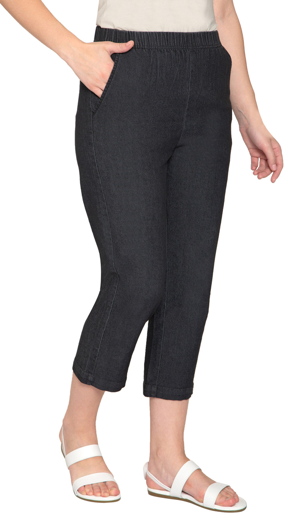 Women's Stretch Denim CaprisÔÇô Lightweight Stretch Fabric for Cool Comfort - Black- Side - TURTLE BAY APPAREL