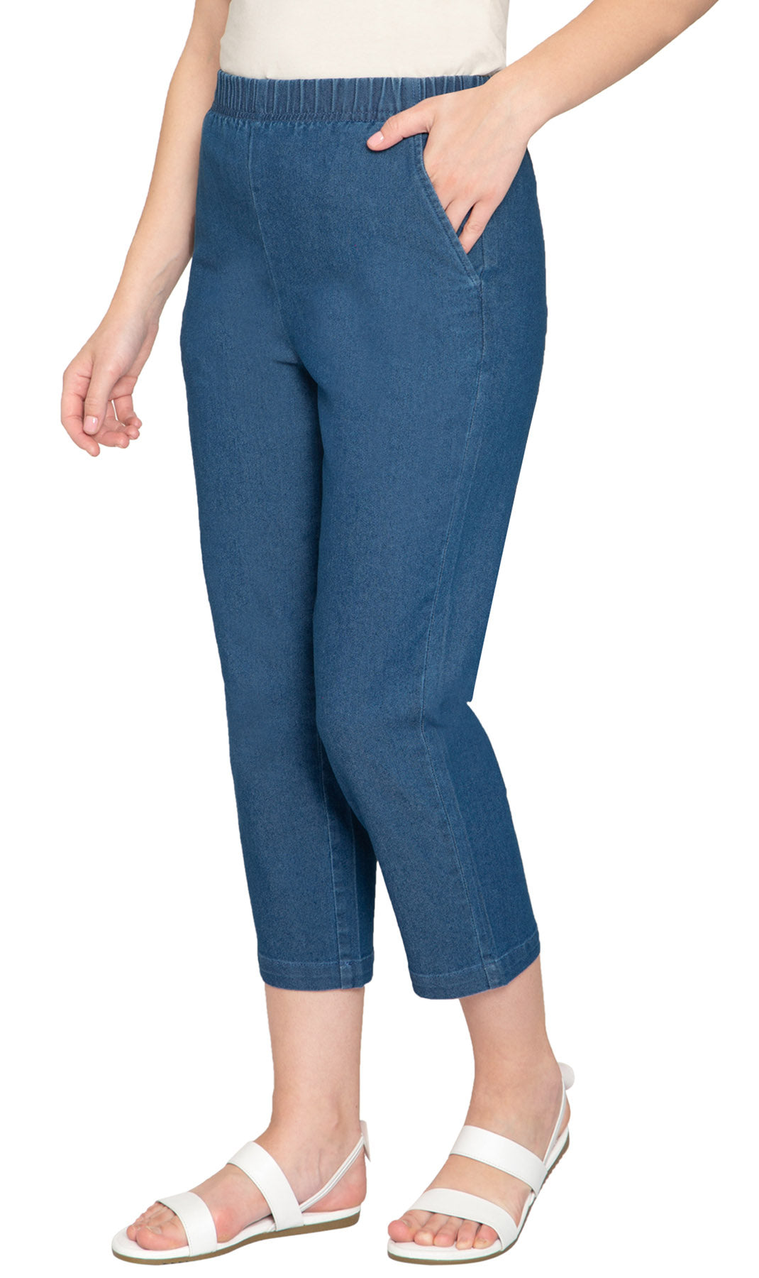 Women's Stretch Denim CaprisÔÇô Lightweight Stretch Fabric for Cool Comfort - Med Blue- Side - TURTLE BAY APPAREL