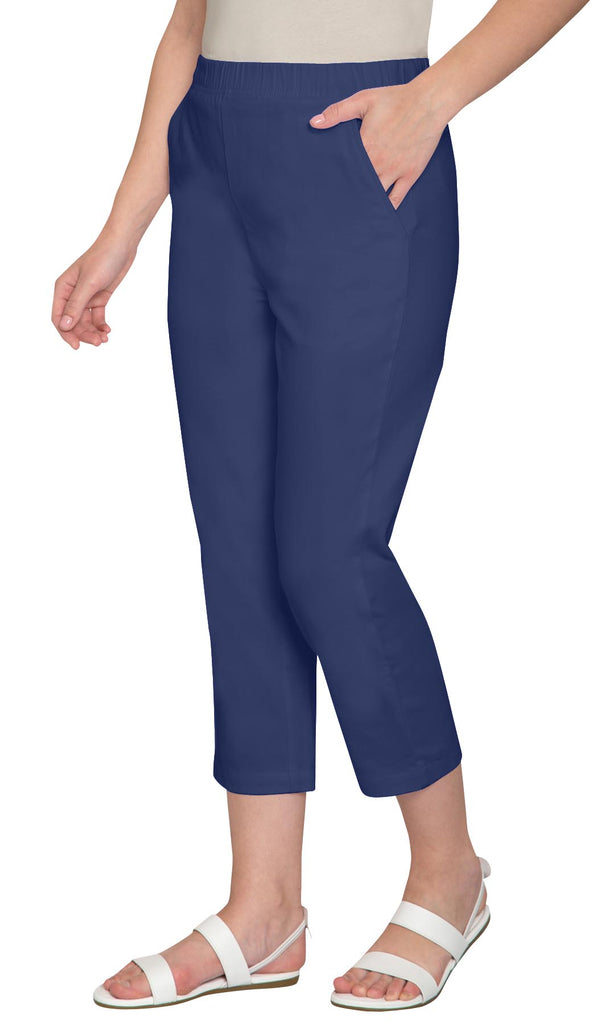 Women's Elastic Waist Pull On Stretch Denim & Twill Capri with side pockets