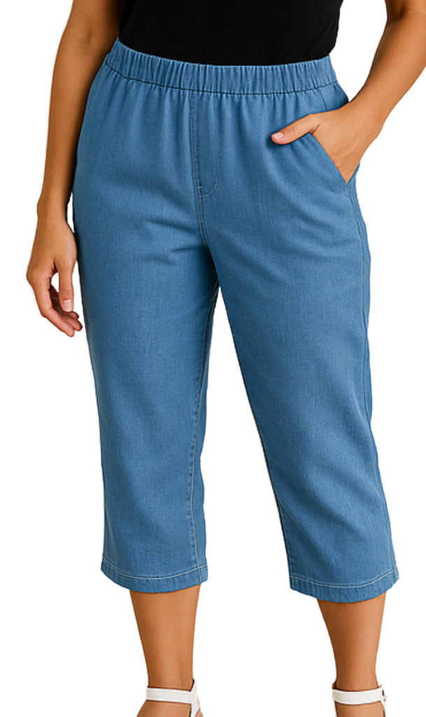 Women's Elastic Waist Pull On Stretch Denim & Twill Capri with side pockets