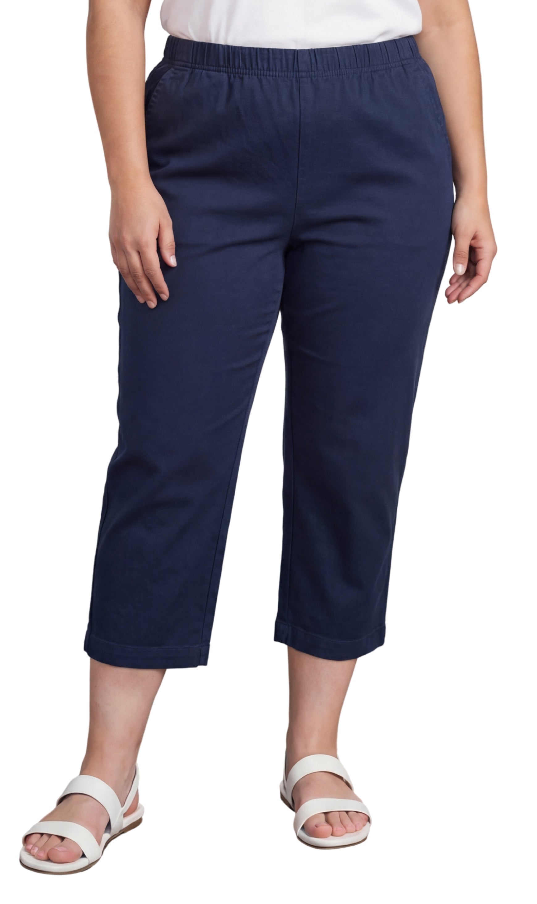 Women's Elastic Waist Pull On Stretch Denim or Twill Capri with