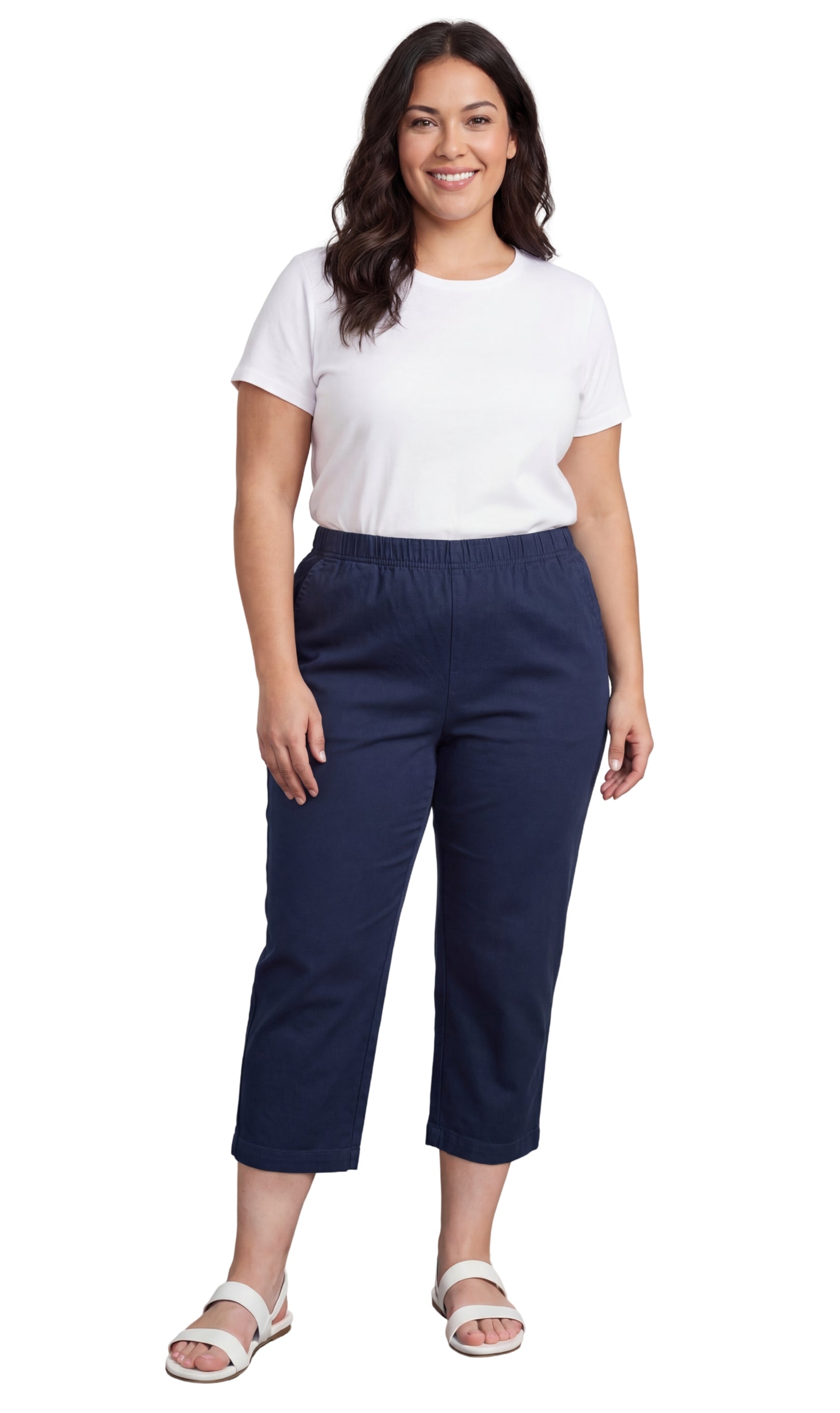 Women's Elastic Waist Pull On Stretch Denim or Twill Capri with