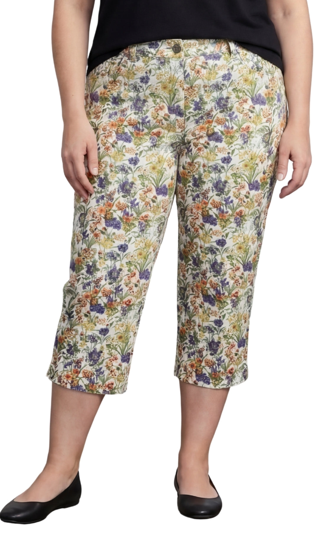 Women's Casual Botanical Bloom Capri Pants with Front Pockets and A Consealed Zipper 1