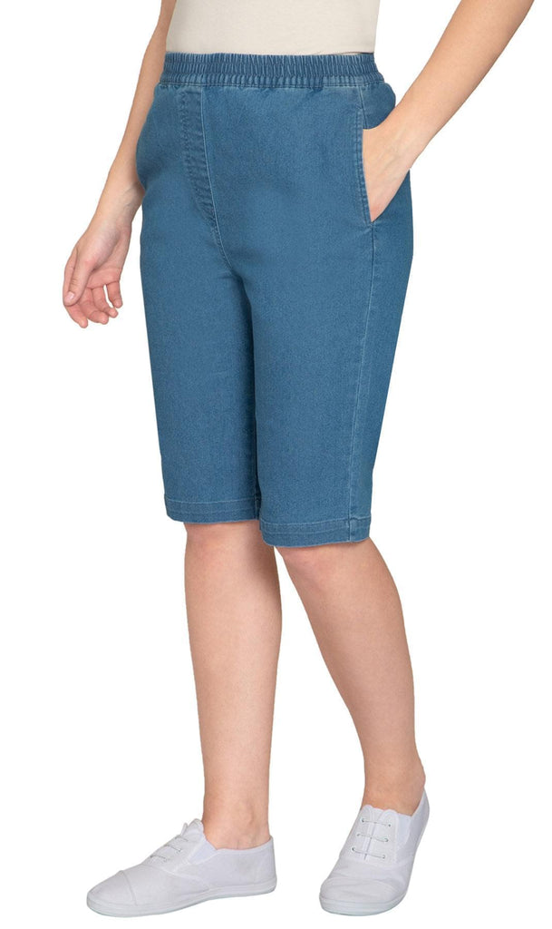 Women's Denim Pull On Bermuda Shorts - Easy Pull On Styles in Lightweight Denim  Chambray - Front -TURTLE BAY APPAREL