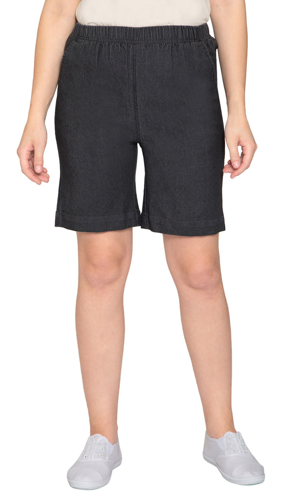 Women's Pull On Denim Shorts – Stretch Waist Frees You from Binding Zippers and Buttons - Black - FRont - TURTLE BAY APPAREL
