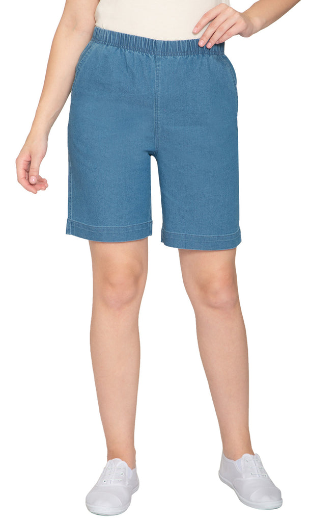 Women's Pull On Denim Shorts – Stretch Waist Frees You from Binding Zippers and Buttons - Chambray - FRont - TURTLE BAY APPAREL