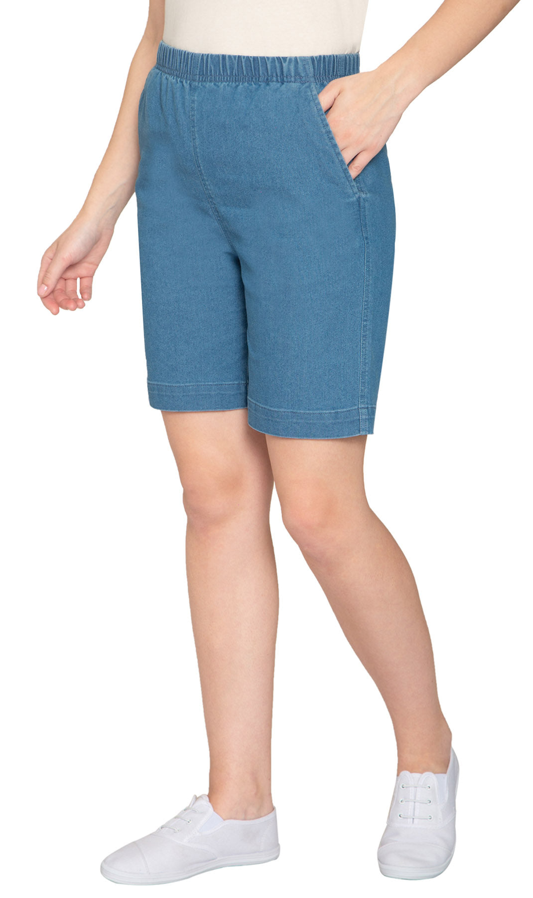 Women's Pull On Denim Shorts ÔÇô Stretch Waist Frees You from Binding Zippers and Buttons - Chambray- Side -  TURTLE BAY APPAREL