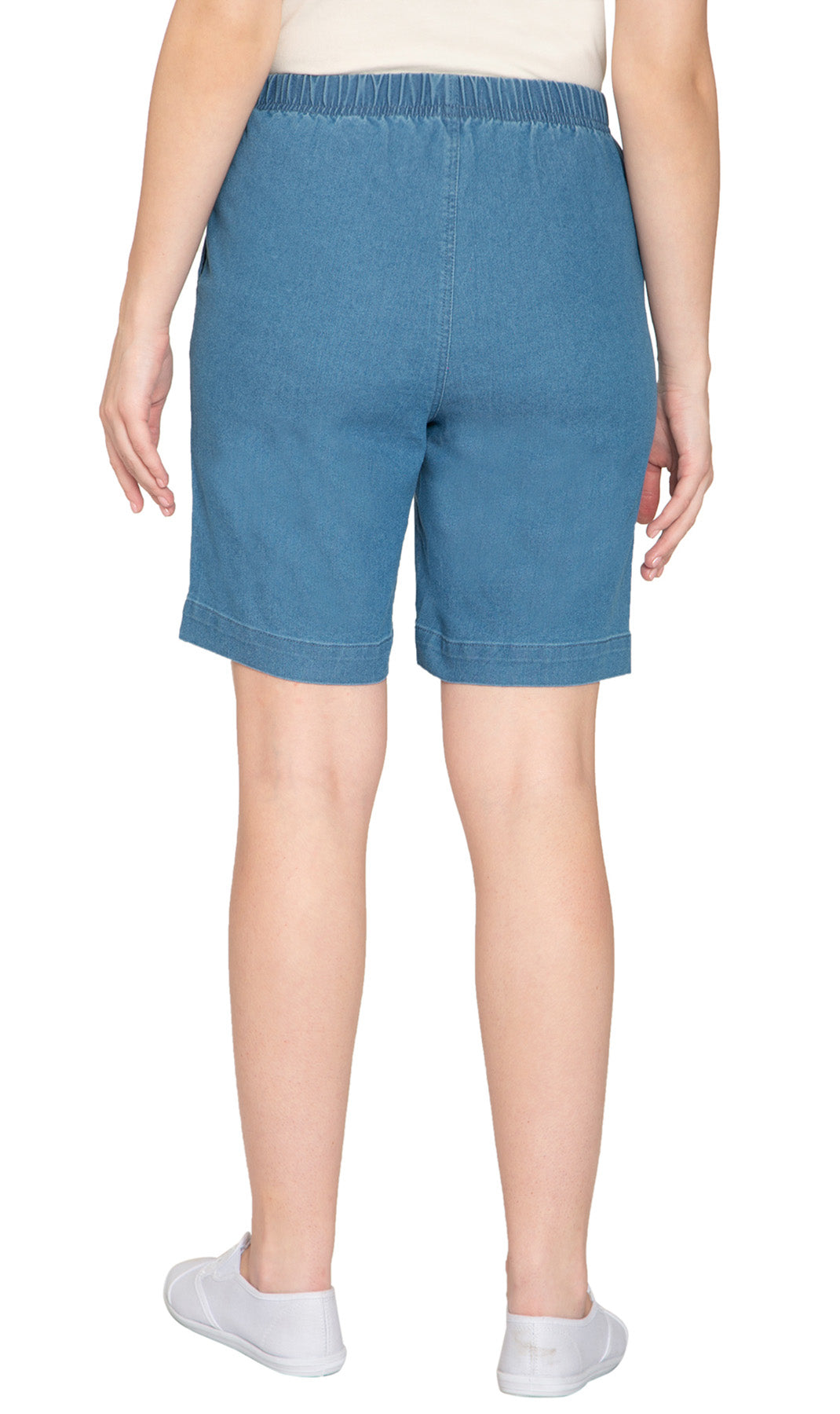 Women's Pull On Denim Shorts ÔÇô Stretch Waist Frees You from Binding Zippers and Buttons - Chambray - Back - TURTLE BAY APPAREL