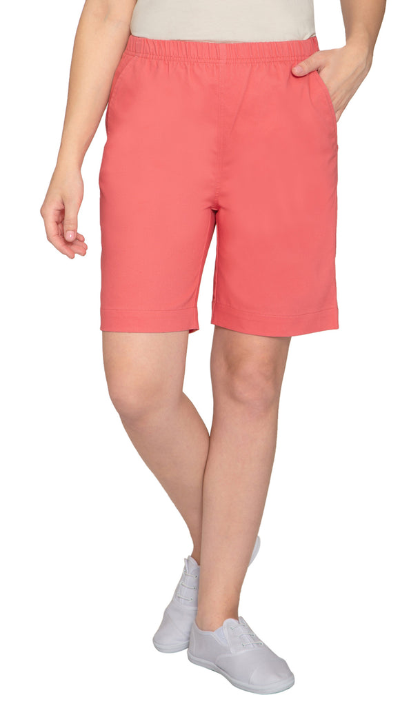 Women's Pull On Denim Shorts – Stretch Waist Frees You from Binding Zippers and Buttons -  Coral Rose- Front -  TURTLE BAY APPAREL