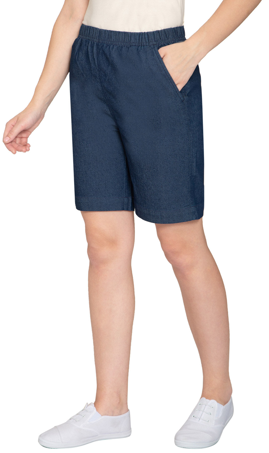 Women's Pull On Denim Shorts ÔÇô Stretch Waist Frees You from Binding Zippers and Buttons - Indigo-  Side -  TURTLE BAY APPAREL