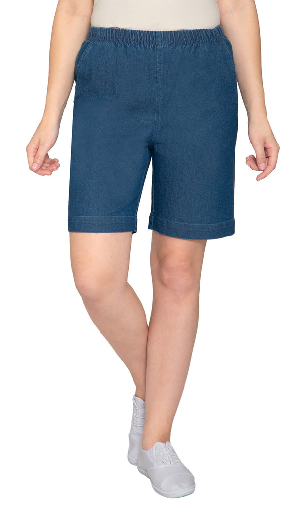 Women's Pull On Denim Shorts – Stretch Waist Frees You from Binding Zippers and Buttons - Indigo - Front -  TURTLE BAY APPAREL