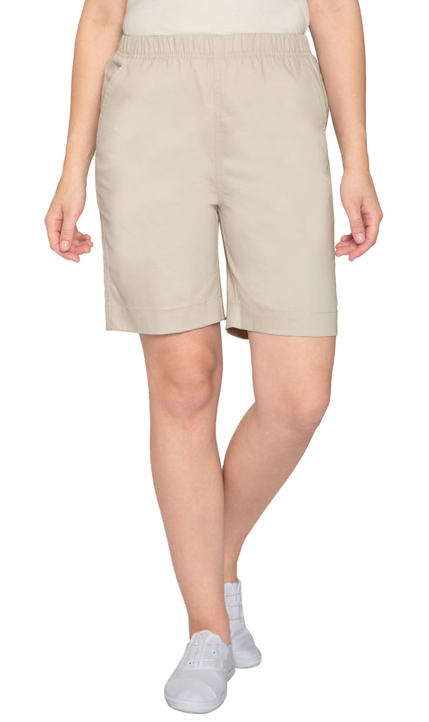 Women's Pull On Denim Shorts – Stretch Waist Frees You from Binding Zippers and Buttons - Stone- Front - TURTLE BAY APPAREL