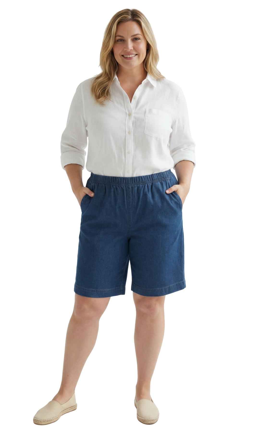 Women's Pull On Denim & Twill Shorts with stretch waist - No zipper or buttons 14