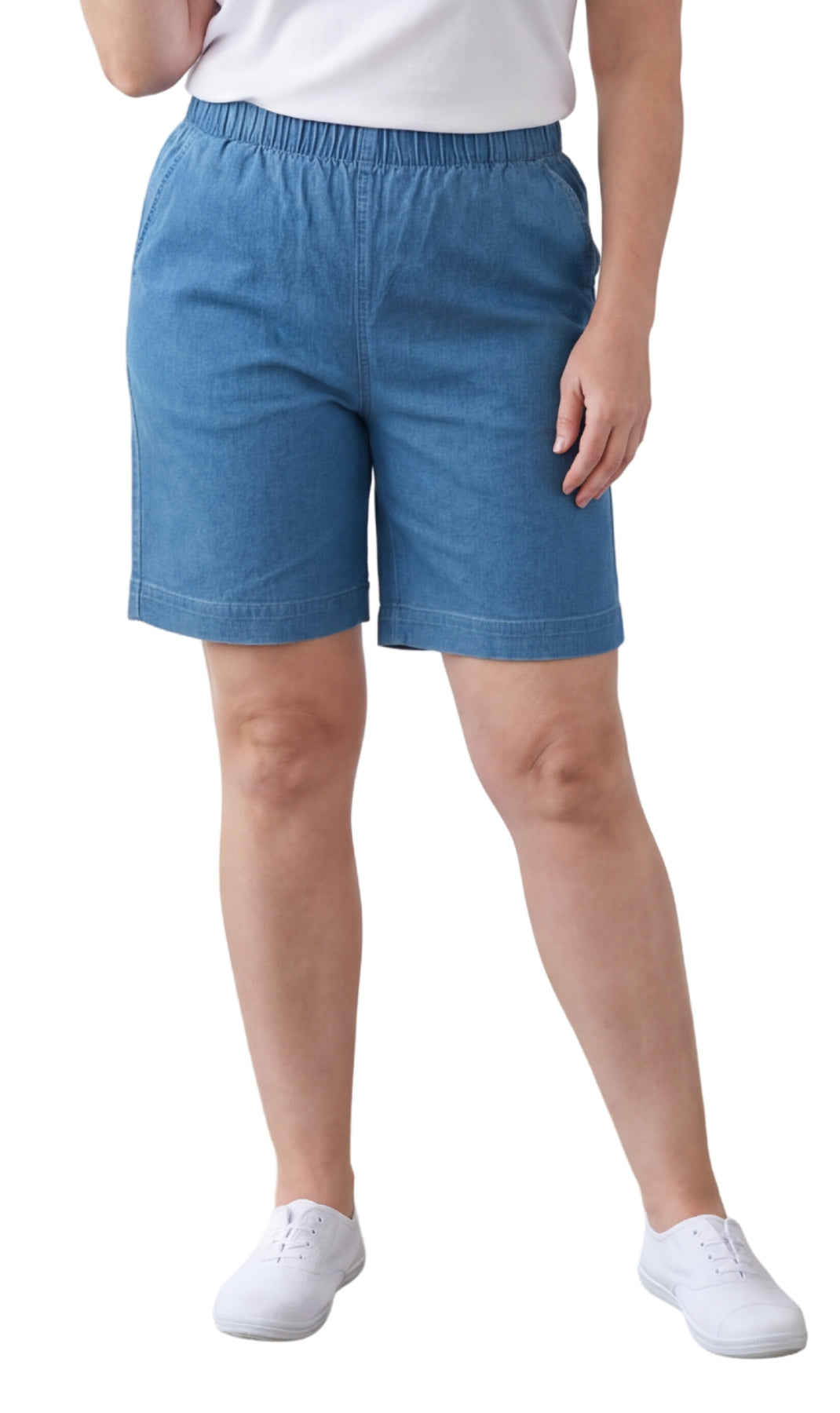 Women's Pull On Denim & Twill Shorts with stretch waist - No zipper or buttons 7