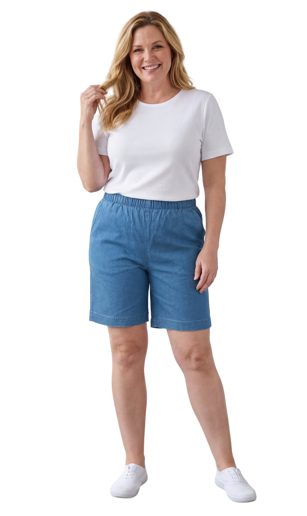 Women's Pull On Denim & Twill Shorts with stretch waist - No zipper or buttons 11