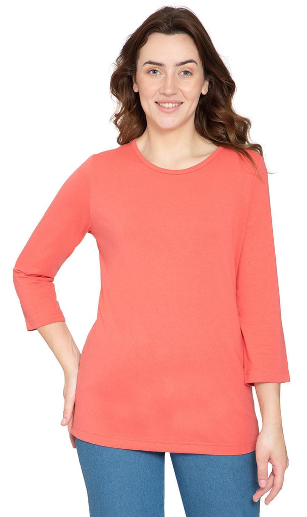 Women's 3/4 Sleeve Crew Neck Top - Comfortable Jersey Knit to Dress Up or Down - Coral - Front -TURTLE BAY APPAREL