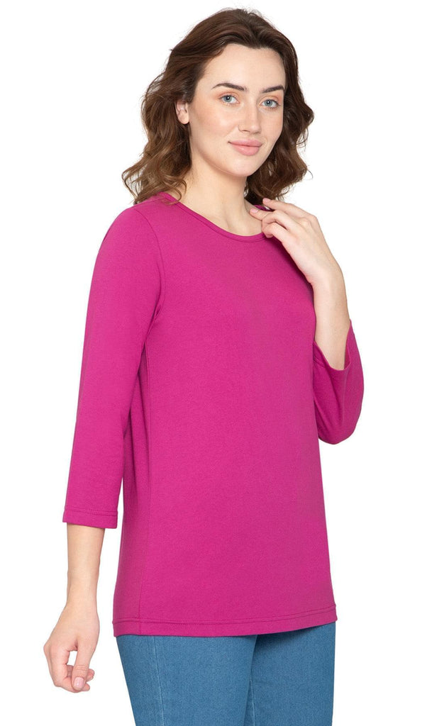 Women's 3/4 Sleeve Crew Neck Top - Comfortable Jersey Knit to Dress Up or Down - Deep Orchid - Front -TURTLE BAY APPAREL