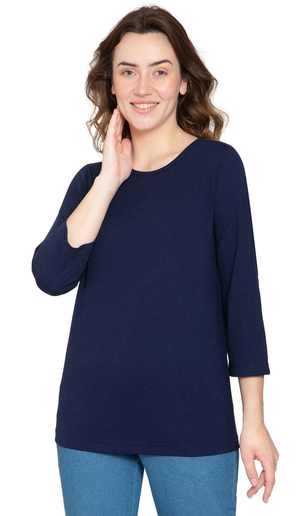 Women's 3/4 Sleeve Crew Neck Top - Comfortable Jersey Knit to Dress Up or Down - Navy - Front -  TURTLE BAY APPAREL