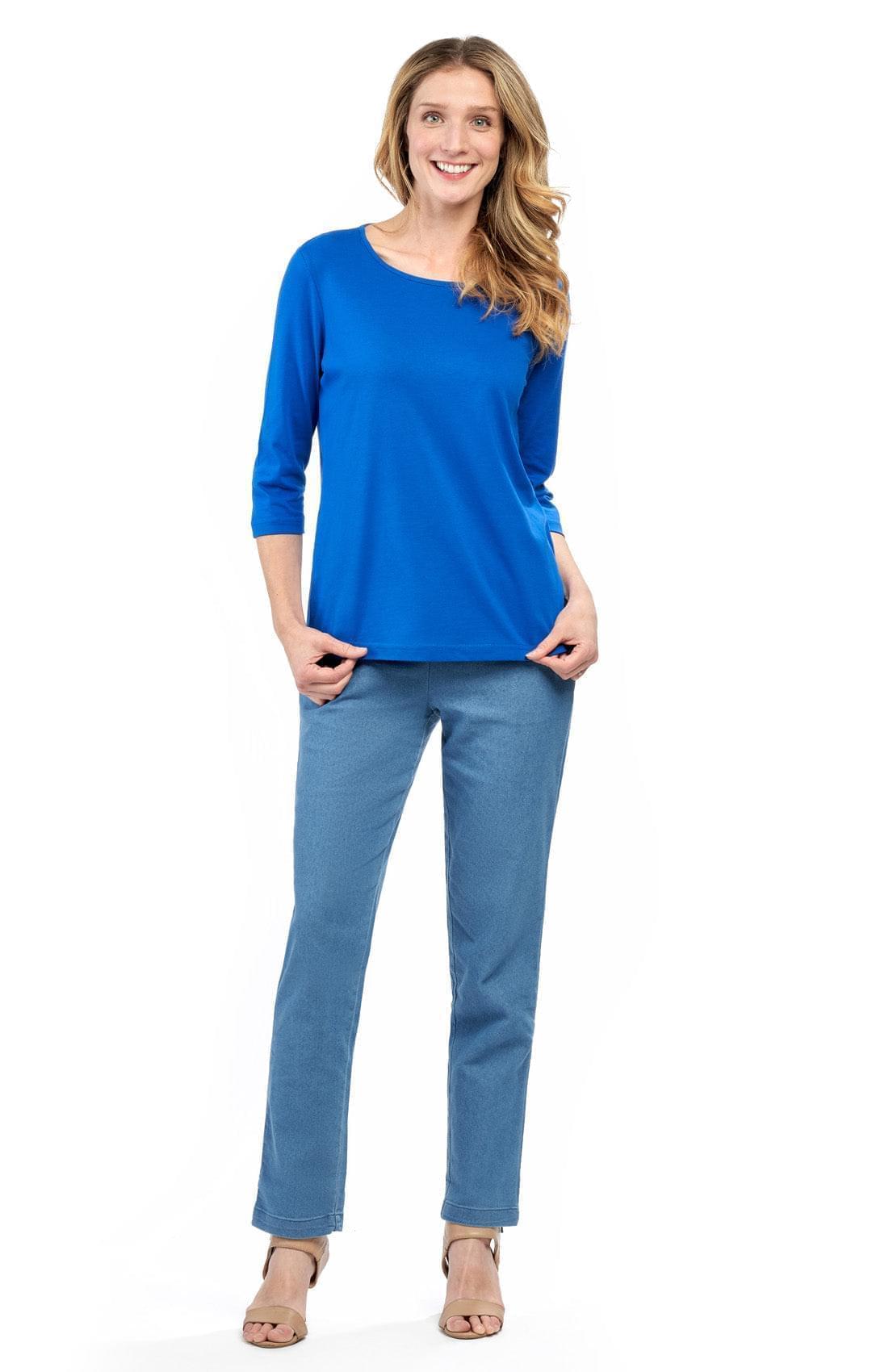 Women's 3/4 Sleeve Crew Neck Top - Comfortable Jersey Knit to Dress Up or Down - Royal - Full - TURTLE BAY APPAREL