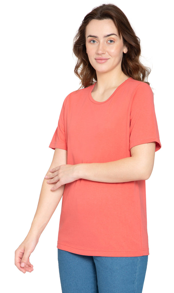 Women's Short Sleeve Crew Neck Knit Tee - Coral - Front -TURTLE BAY APPAREL