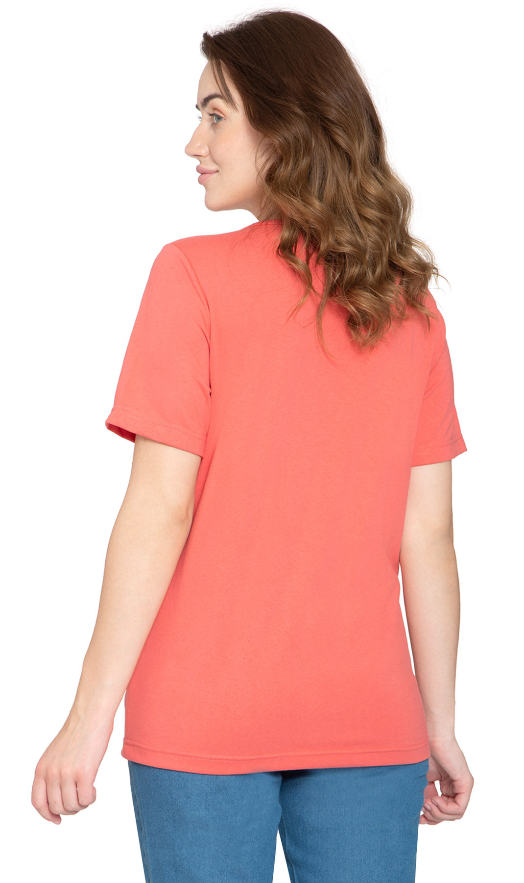 Women's Short Sleeve Crew Neck Knit Tee - Coral- Back - TURTLE BAY APPAREL