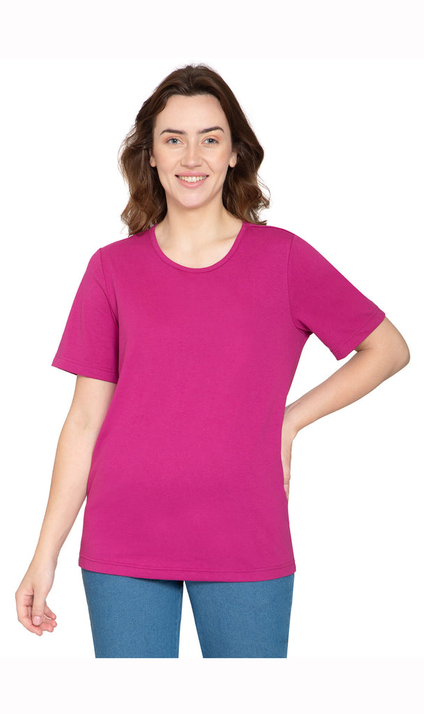 Women's Short Sleeve Crew Neck Knit Tee - Deep Orchid- Front - TURTLE BAY APPAREL
