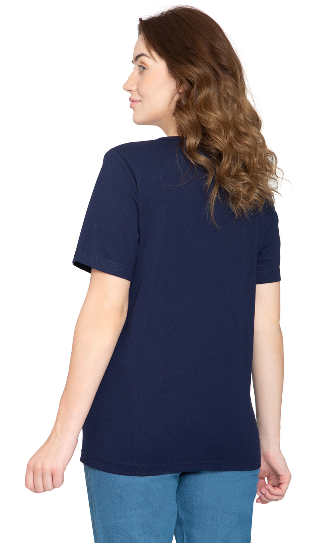 Women's Short Sleeve Crew Neck Knit Tee  -  Navy - Back - TURTLE BAY APPAREL