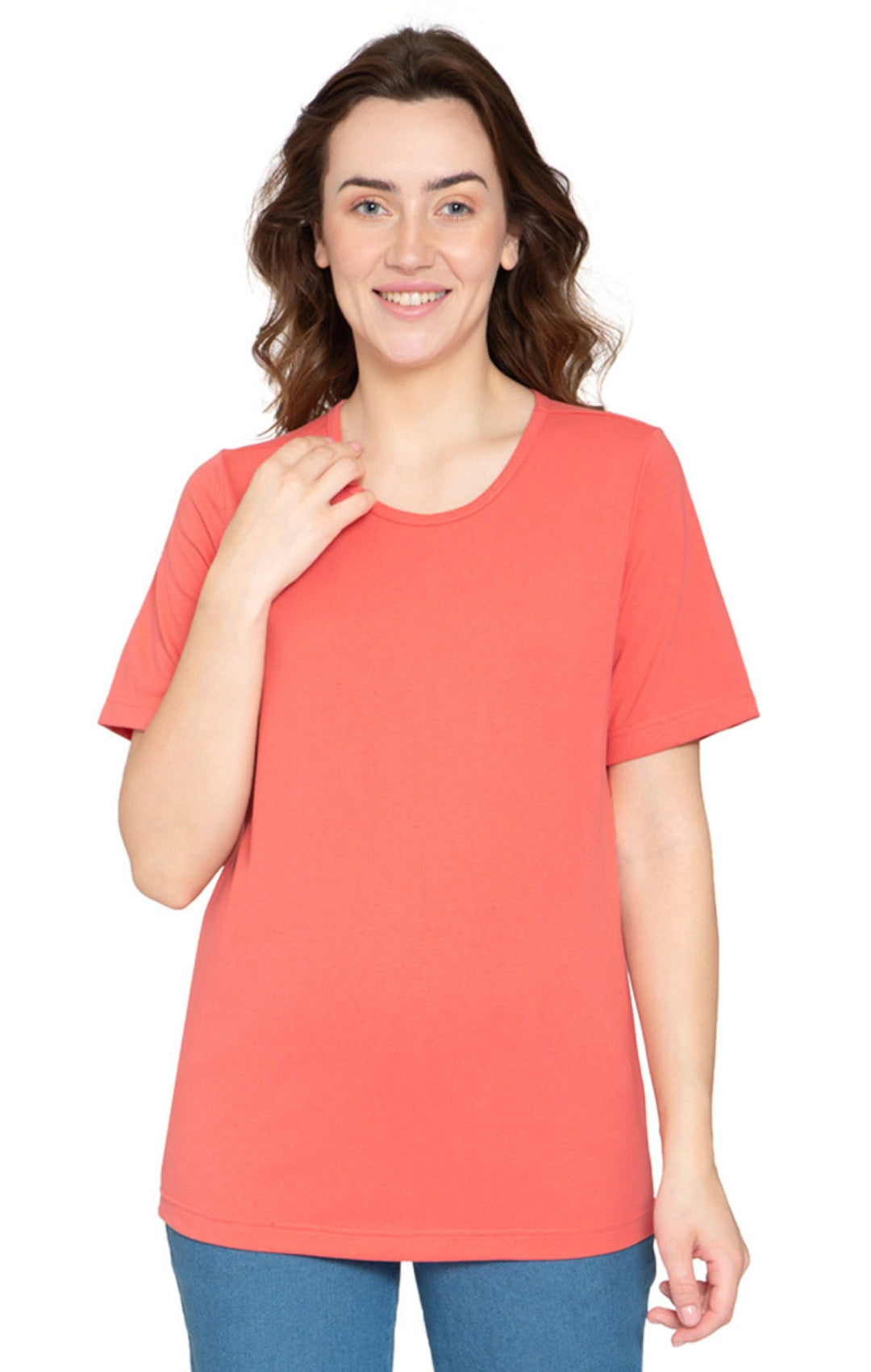 Turtle Bay Apparel Women's Relaxed Fit Short-Sleeve Crew neck knit Tee Shirt – Coral Front View