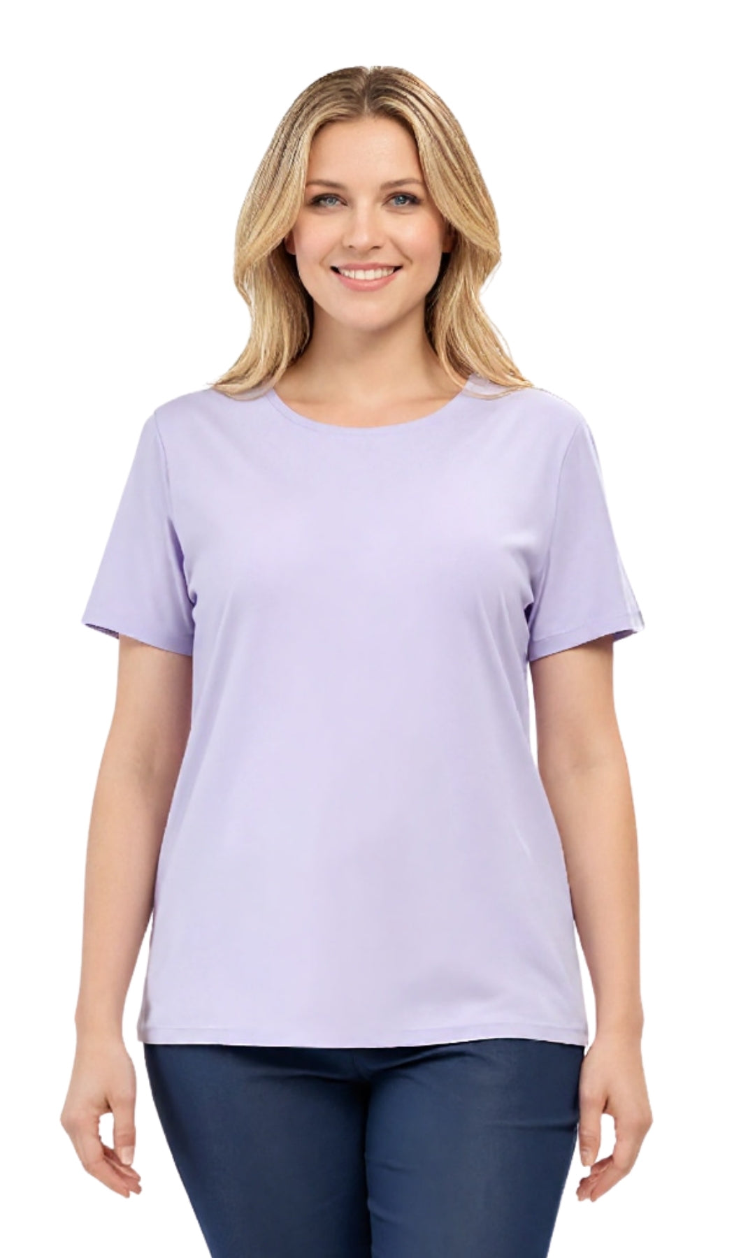 Woman wearing a light purple t-shirt on a white background