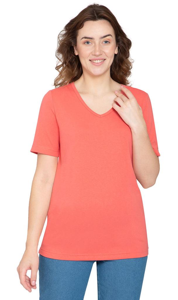 Women's V Neck Knit Tee– Hits at the Hip for Longer Coverage and a Sleeker Fit - Coral- Front - TURTLE BAY APPAREL