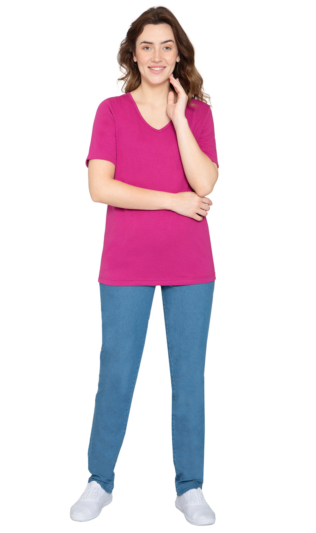 Women's V Neck Knit TeeÔÇô Hits at the Hip for Longer Coverage and a Sleeker Fit - Deep Orchid- Full - TURTLE BAY APPAREL