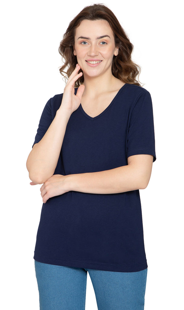 Women's V Neck Knit Tee– Hits at the Hip for Longer Coverage and a Sleeker Fit - Navy - Front - TURTLE BAY APPAREL
