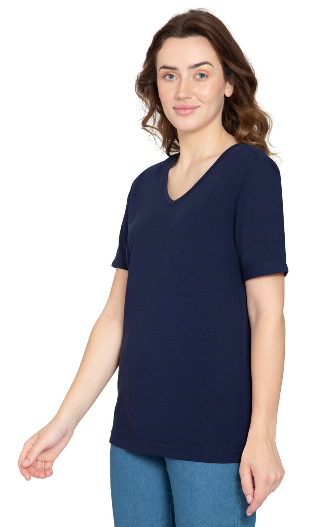 Turtle Bay Apparel Women's Perfect Short-Sleeve V-Neck Tee Shirt – Navy Side View