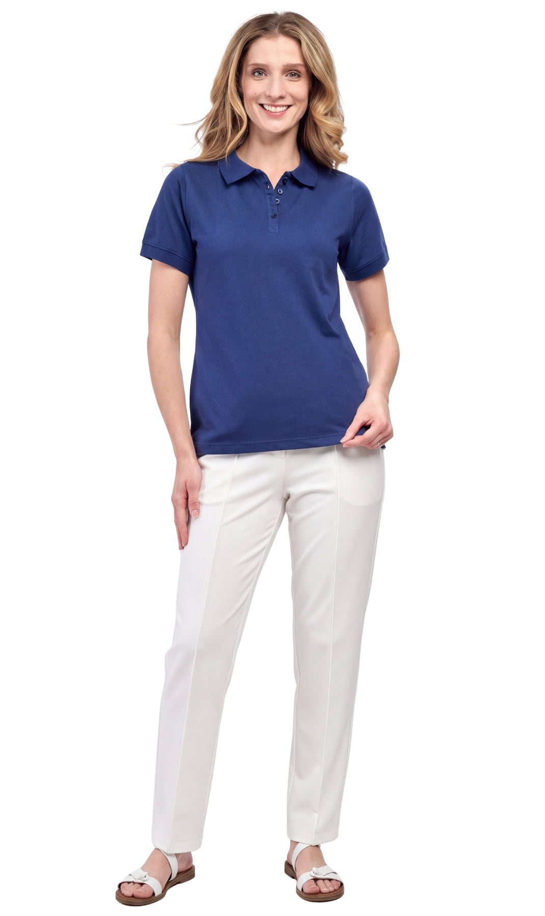 Women's Short Sleeve Pique Knit Polo Shirt in Relaxed Fit Pocketless Jersey 10