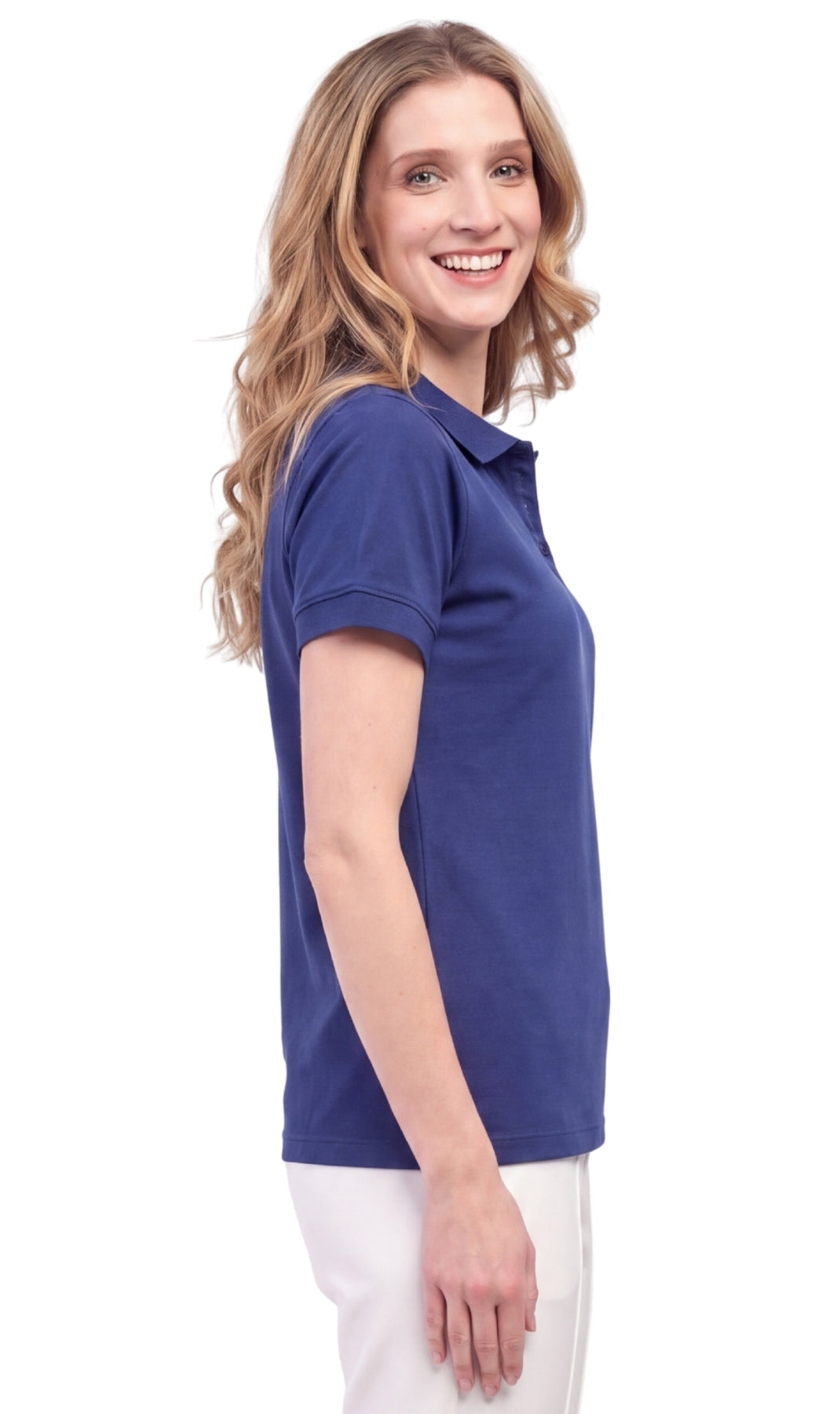 Women's Short Sleeve Pique Knit Polo Shirt in Relaxed Fit Pocketless Jersey 7