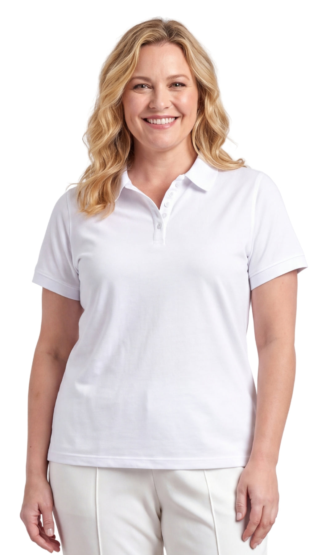 Women's Jersey Knit Polo - White- Front -  TURTLE BAY APPAREL
